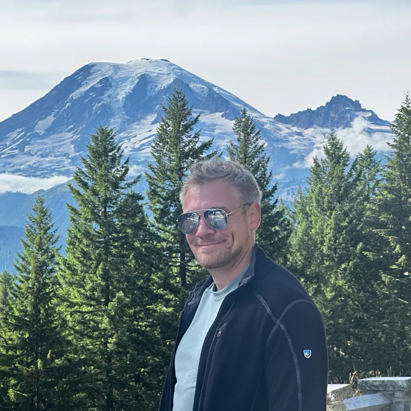 Nick Rainier on a trail below Mount Rainier.